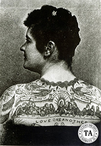 The Last Supper is often seen as a major back piece design as seen above on Emma de Burgh, a German attraction, circa 1890s