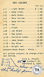 Pigment price list, 1950s, Nick Picaro Collection
