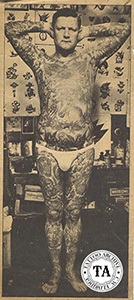 Tommy Lee was tattooed in the 1920s by his wife Millie Hull. Often billed as "The Living Bible" because of the 400 religious designs tattooed on his body.