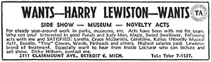 Harry Lewiston “Wants” advertisement from Billboard, May 27 1944.