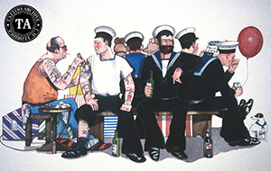 Painting of a group of sailors getting tattooed