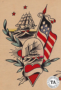 Tattoo design by Lew Alberts, shows the transition from sail to steam.